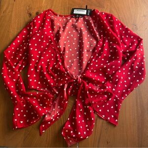 NWT Nasty Gal Crop Top Women Polka Heart Valentines Red White Tie Front Size 4
